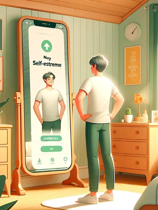 A Person standing in front of a phone shaped mirror